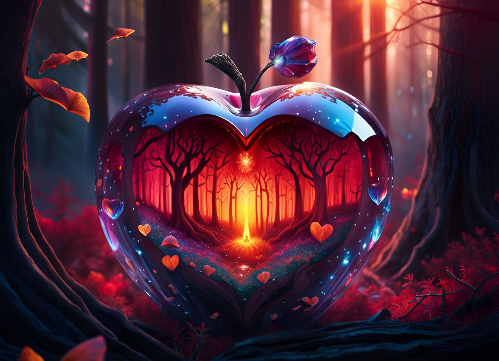 Shattering Crystal Apple in a Glowing Forest