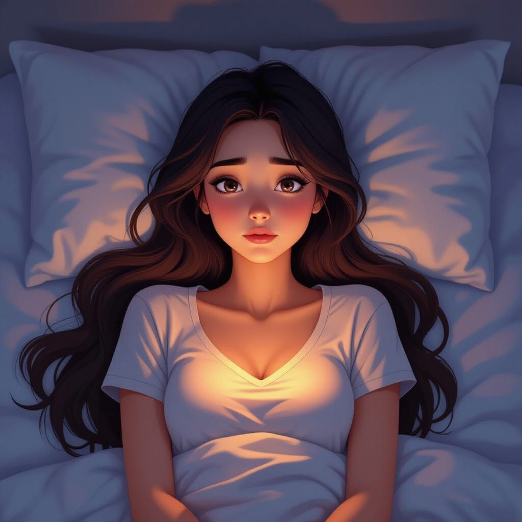 Sad Girl in Bed at Night, Cinematic Animation Style