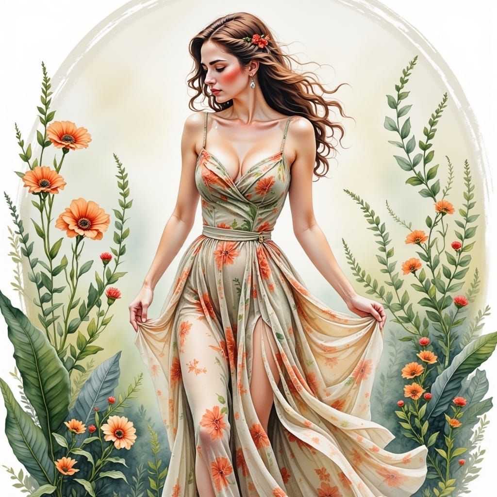 Woman in a Delicate Floral Garden