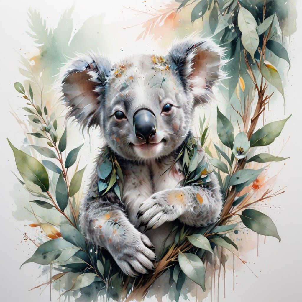 Baby Koala with Tropical Blooms in Watercolor Style