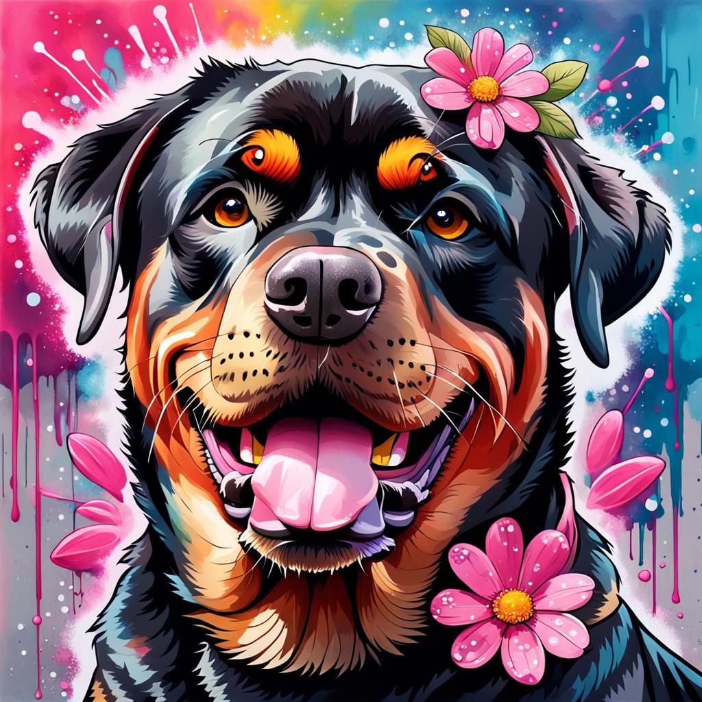 Rottweiler with Flower in Graffiti Art Style