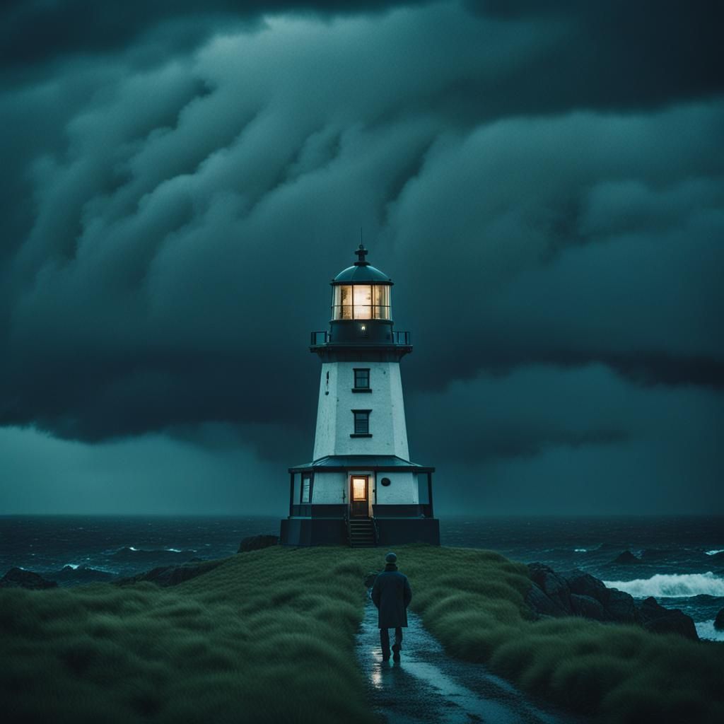 Man Gazing at Lighthouse on Stormy Night