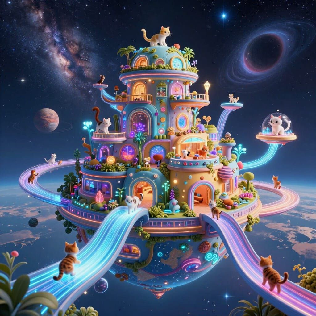 Sci-Fi Cat Playground Planet in Cosmic Space