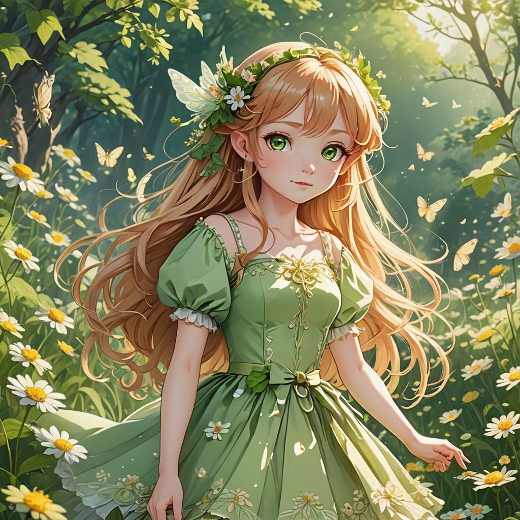 Fairy Princess in Flowering Meadow, Anime Style