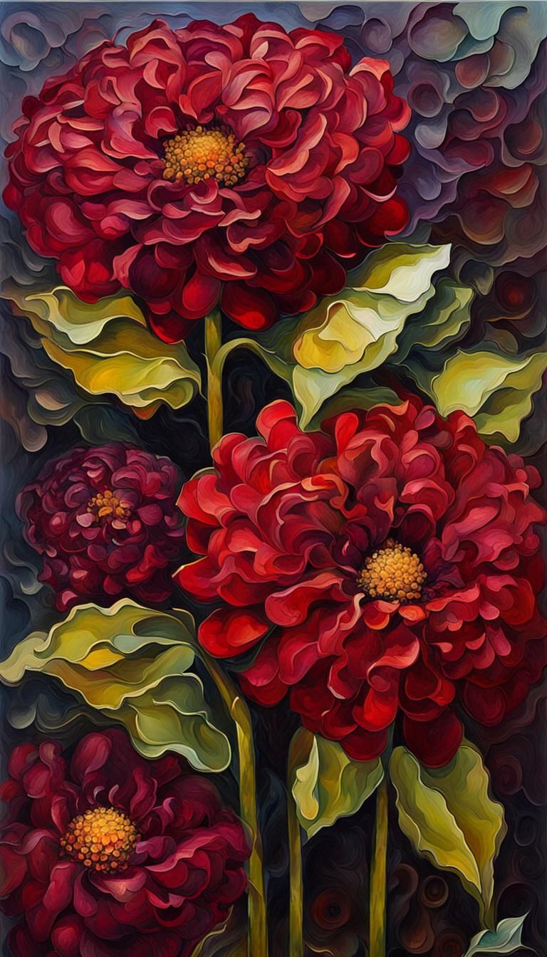 intricate dark red zinnias, alcohol ink, 3D shading, dynamic lighting, hyperdetailed neo-impressionism expressionist st...