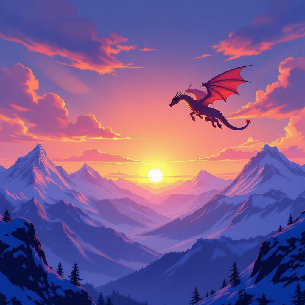 Dragon Soars Over Majestic Mountains at Vibrant Sunrise