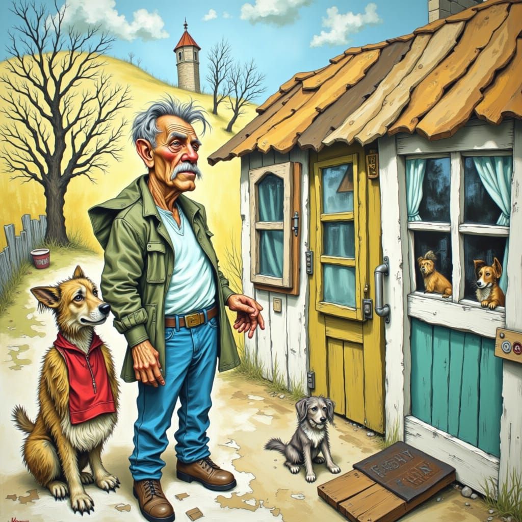 Quirky Ozark Scene with Granpappy and Dogs