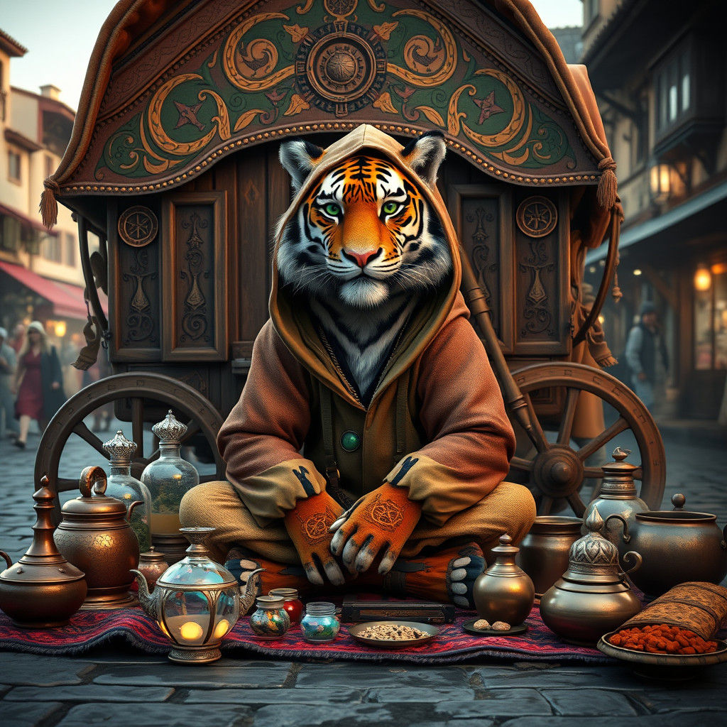 Tiger Merchant at Gypsy Wagon in Medieval Market