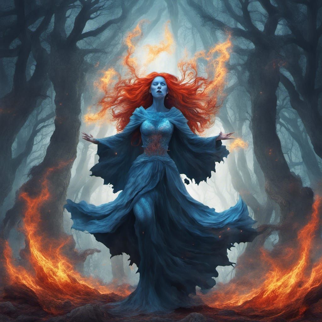 Blue Sorceress Casting Spell in Burning Forest