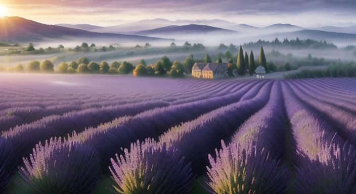 French Lavender Farm at Sunrise: Digital Illustration