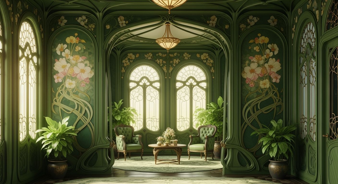 Art Nouveau Interior with Green Palette and Botanical Design...