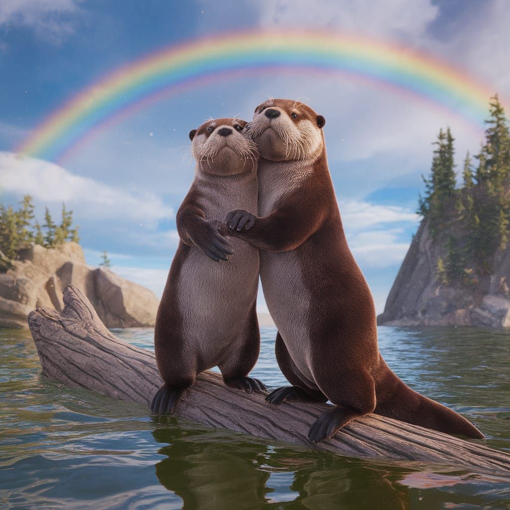 Otters Hugging Under a Rainbow