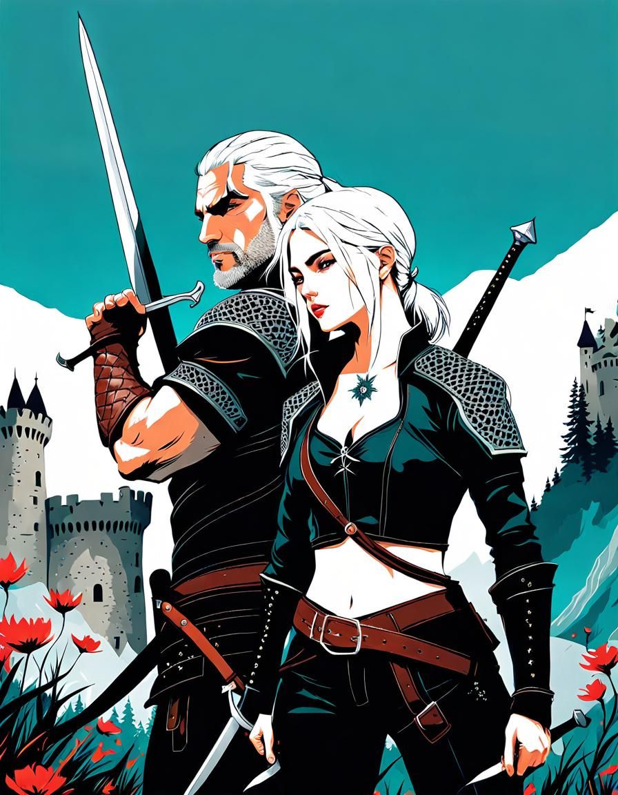 Ciri and Geralt Sword Fight in Fantasy Art Style