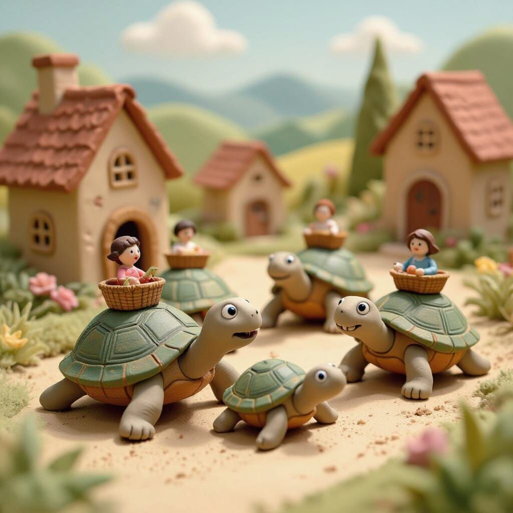Clay Turtles Moving Through a Clay Village
