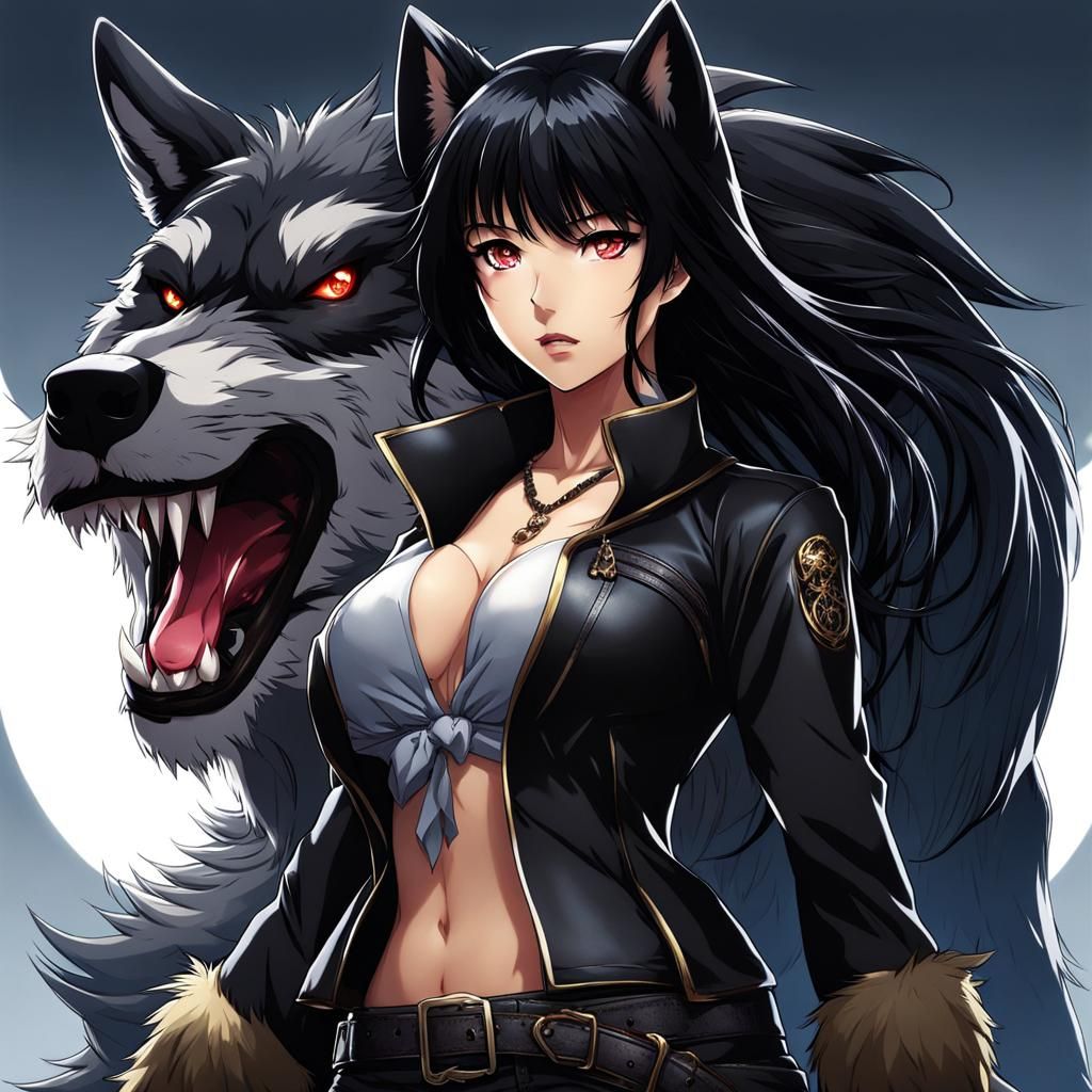 Powerful Black Haired Werewolf Woman in Anime Style