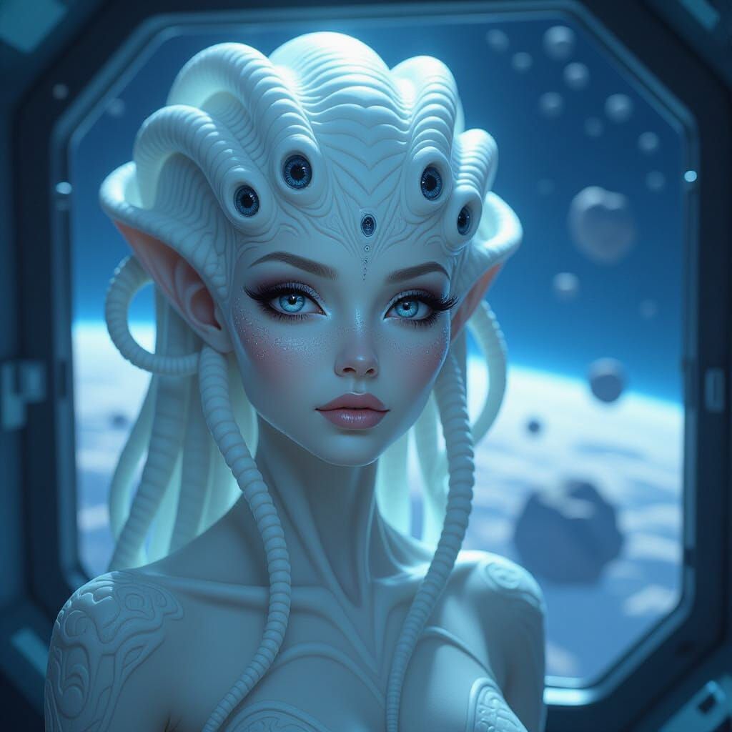Alien Woman with Tentacles in Space Station
