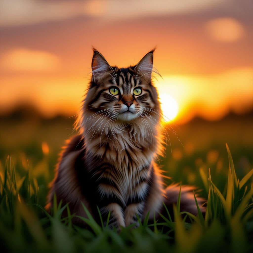 Cat Gazes Back at Viewer in Golden Sunset Light