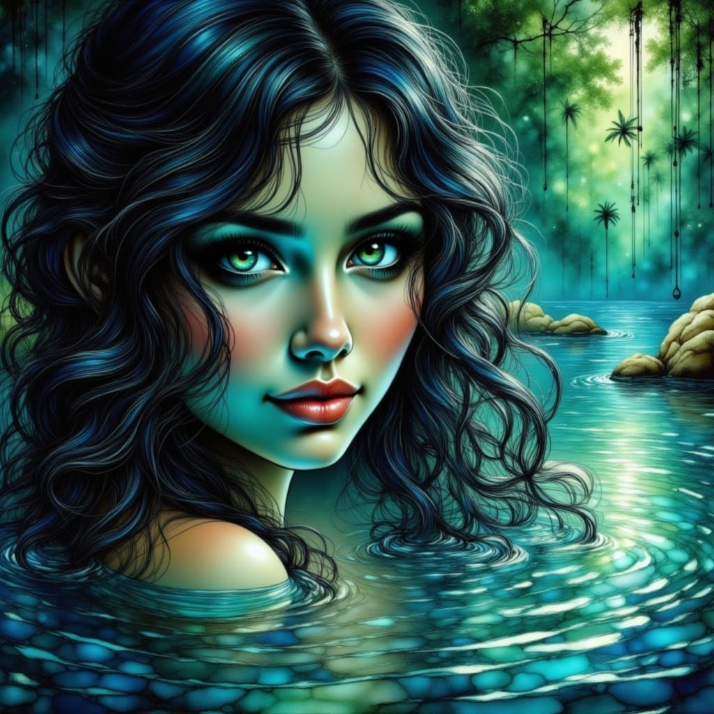 Raven-Haired Woman Reflecting in Alcohol Ink Style