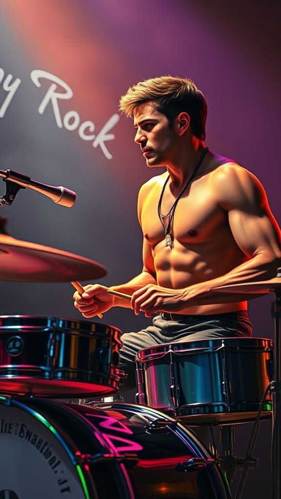 Muscular Handsome Male Drummer without a Shirt Beating his D...