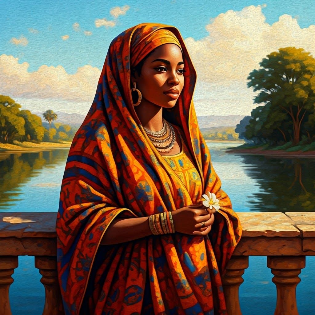 Serenely Adorned Chadian Woman in Folk Art Oil Painting