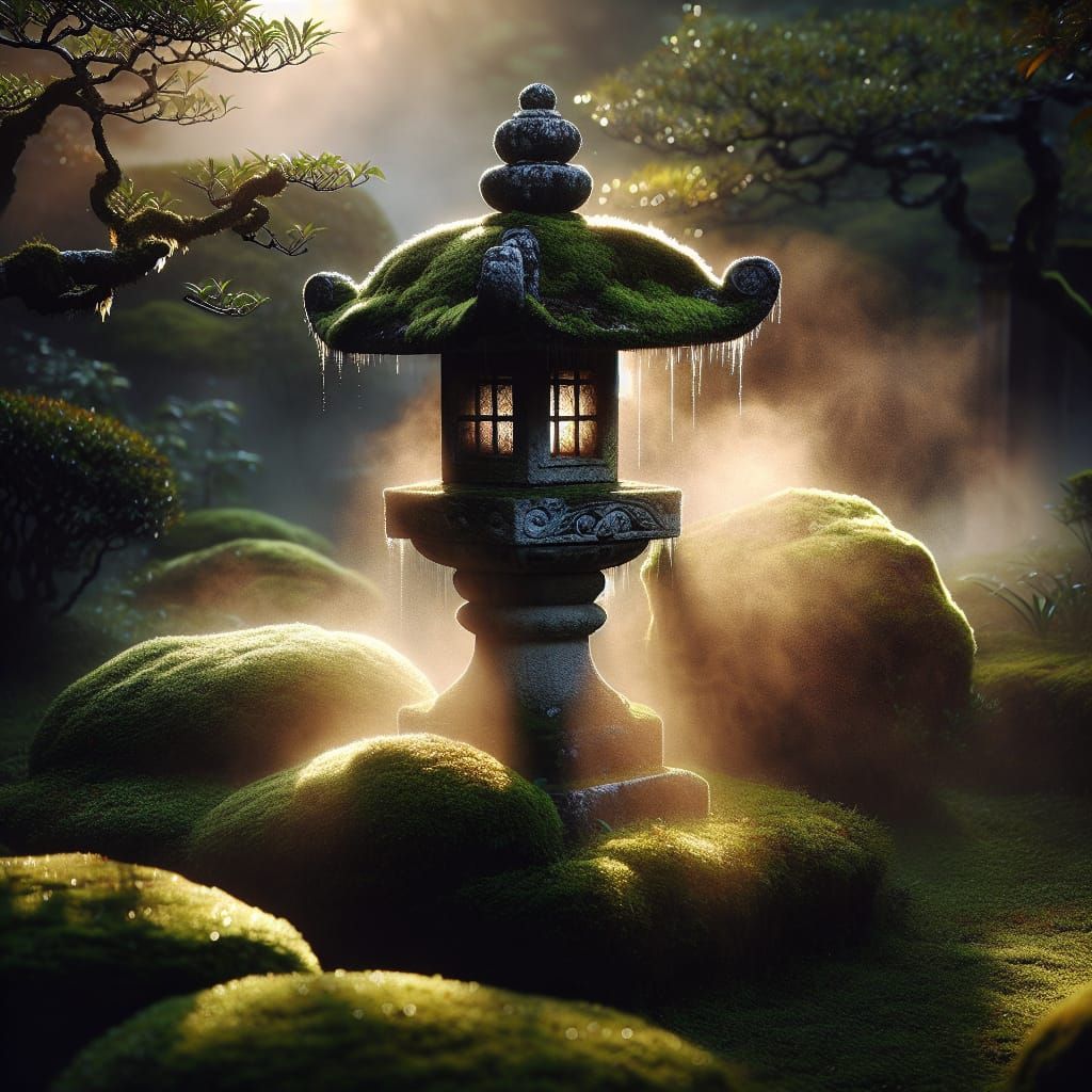 Temple Garden at Dawn: Lantern in Morning Mist