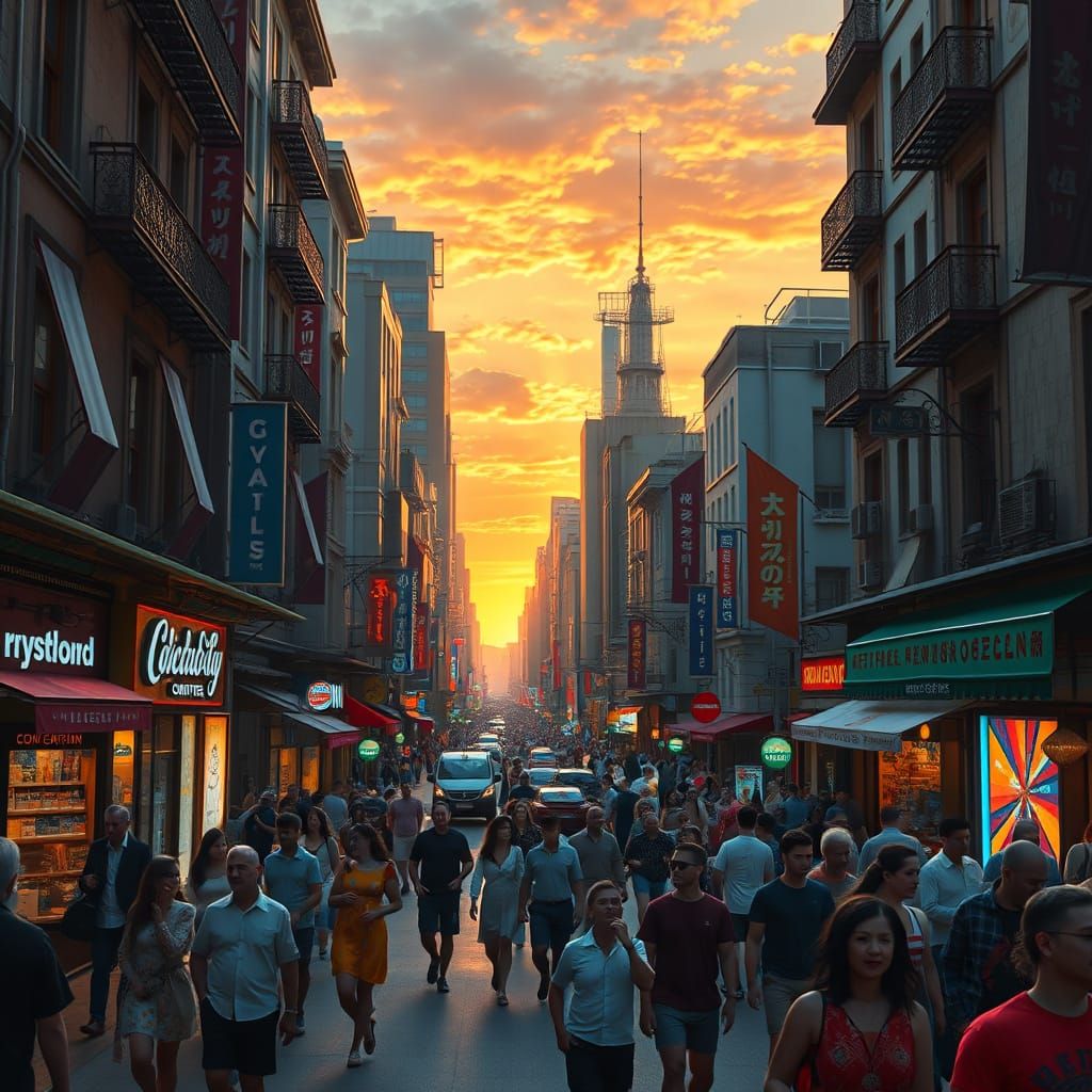 Bustling City Street at Sunset in Hyperrealism Style