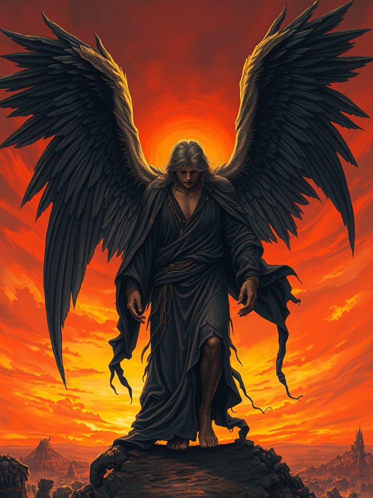 Majestic Fallen Angel in Fiery Apocalyptic Landscape