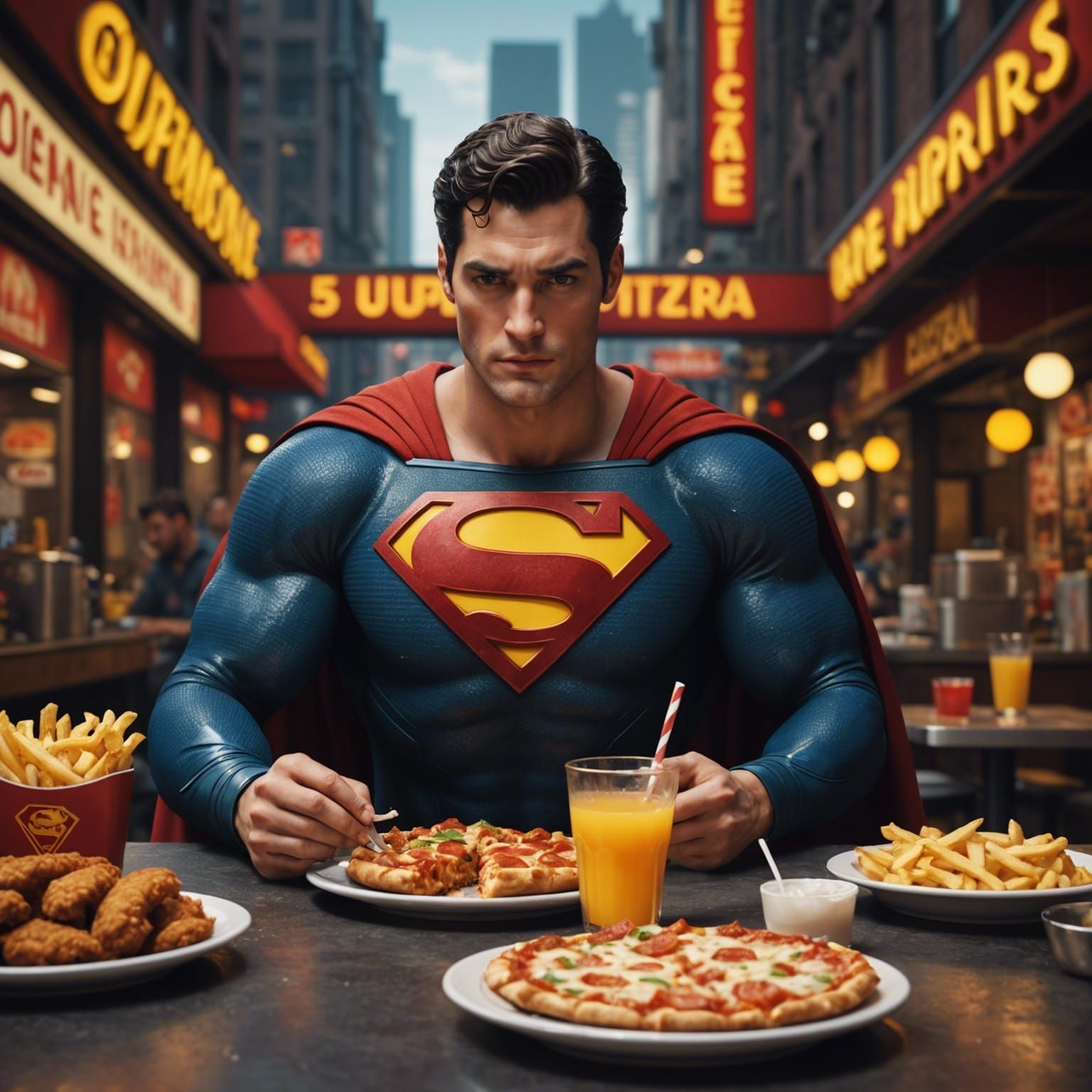 Superman's Fast Food Feast: A Detailed Matte Painting
