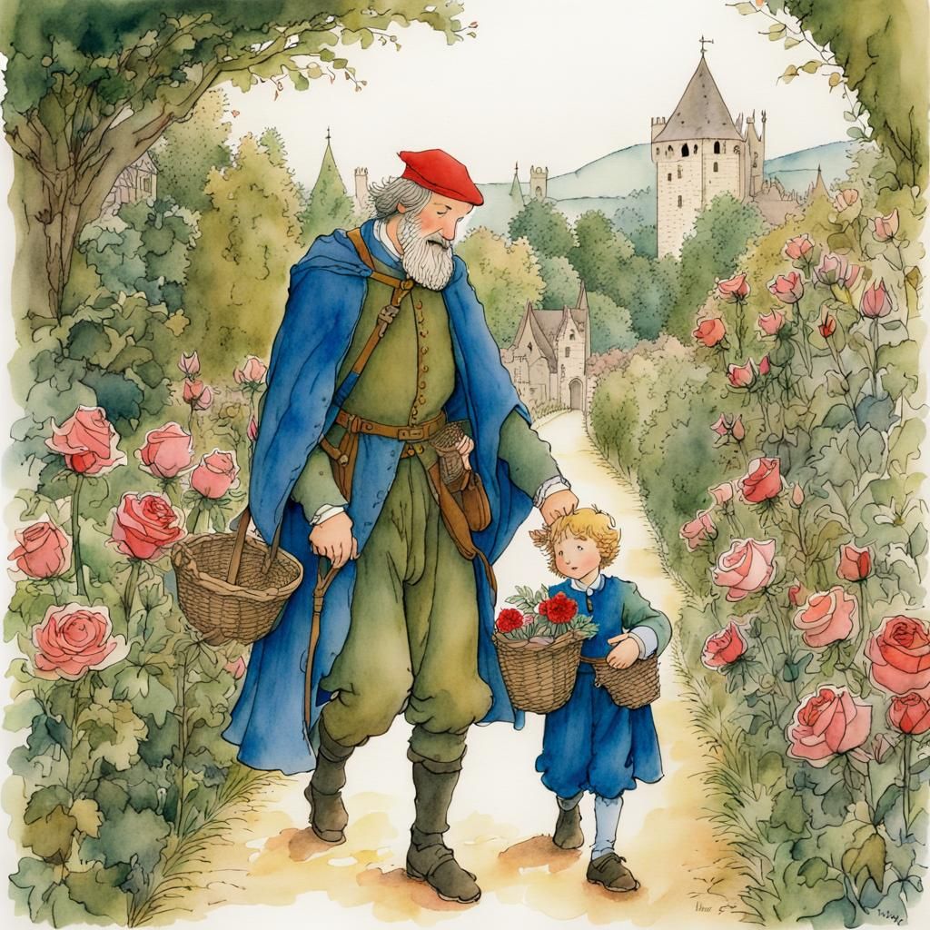 Father and Son in Rose Garden: Storybook Illustration
