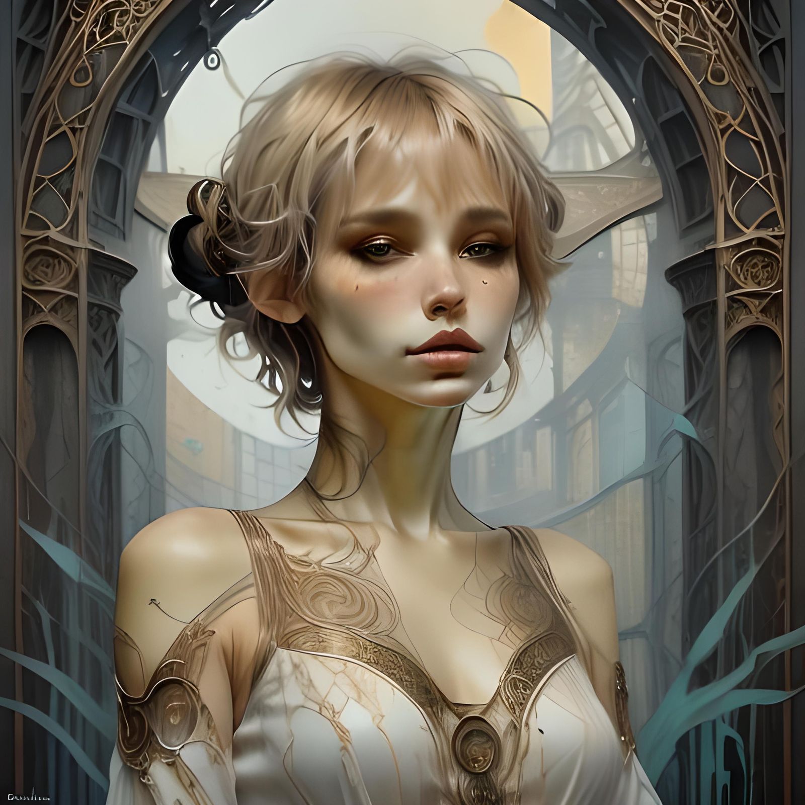 Elegant Woman in Opulent Hall in Inky Style