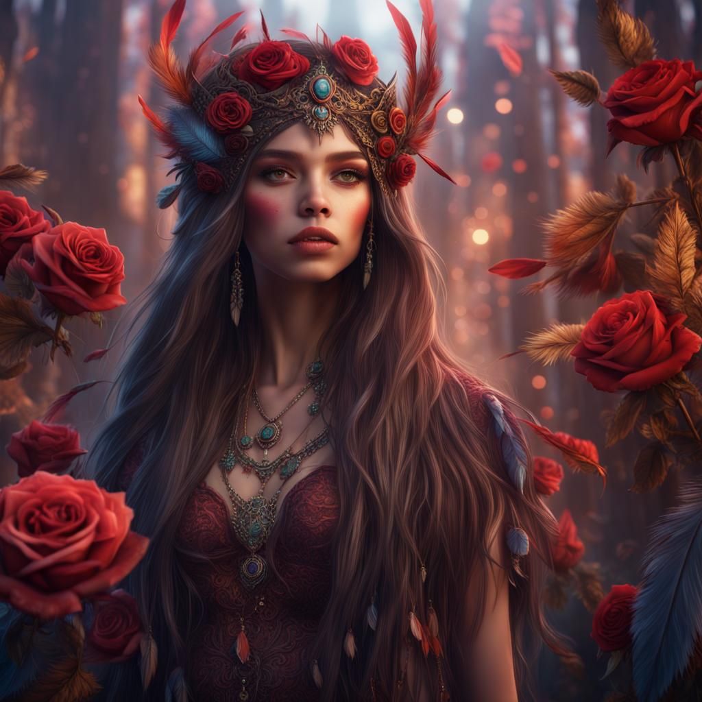 Magical Modern Girl with Feathers and Roses