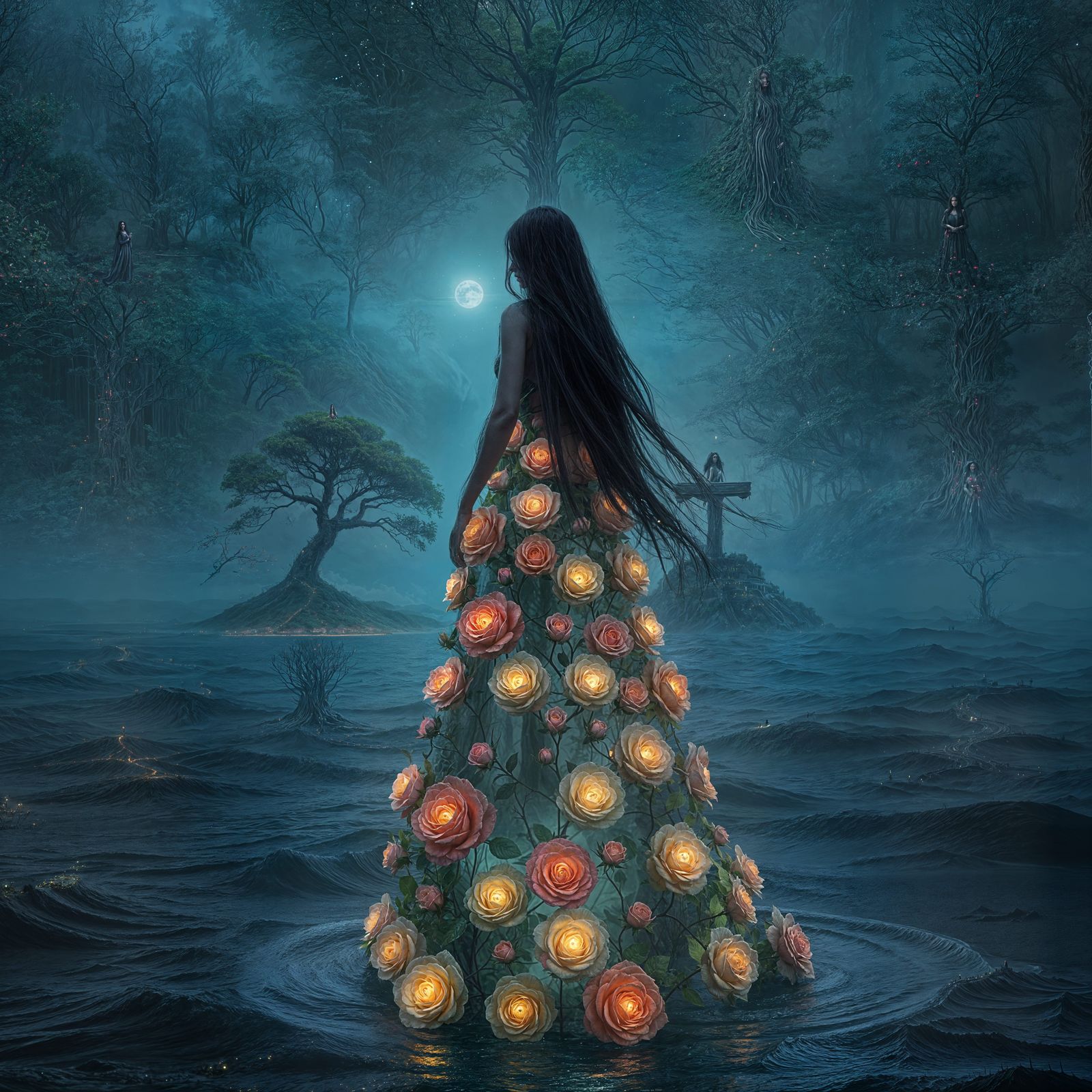 Woman in Rose Dress on Island, Detailed Matte Painting