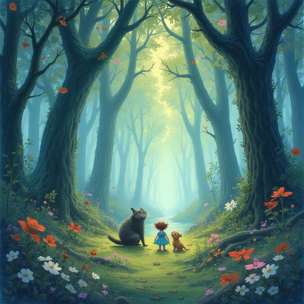 Mystical Forest Scene in Ghibli Watercolor Style