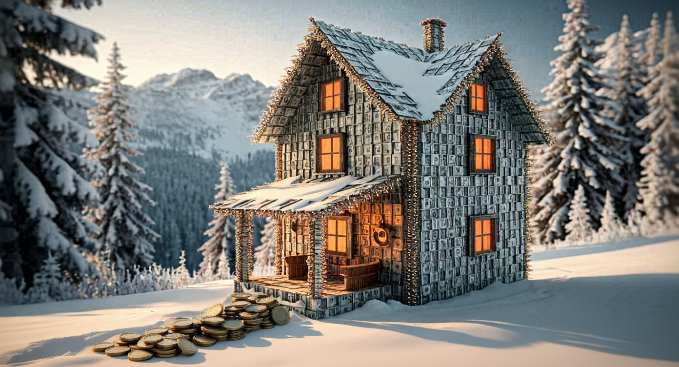 Whimsical Cabin Built from Money in Snowy Mountains