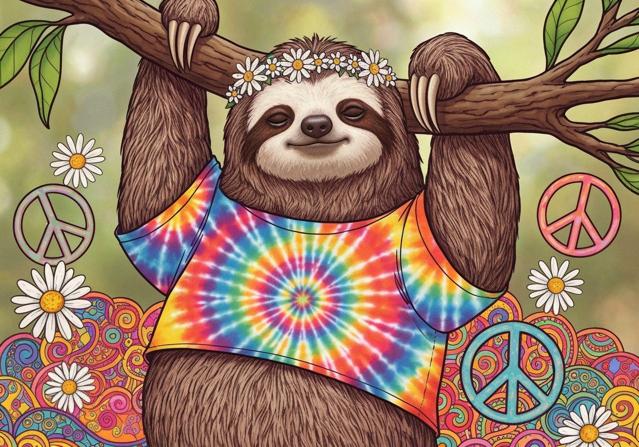 Serene Sloth in Psychedelic Style with Flowers