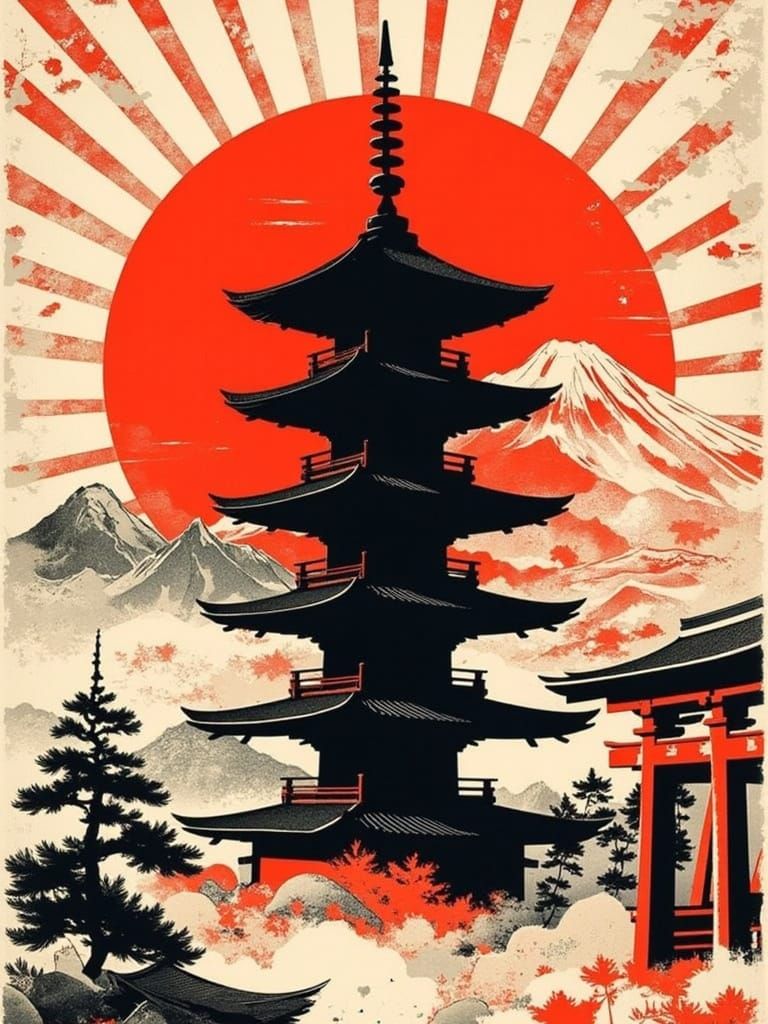 Vintage Japanese Landscape Graphic Illustration