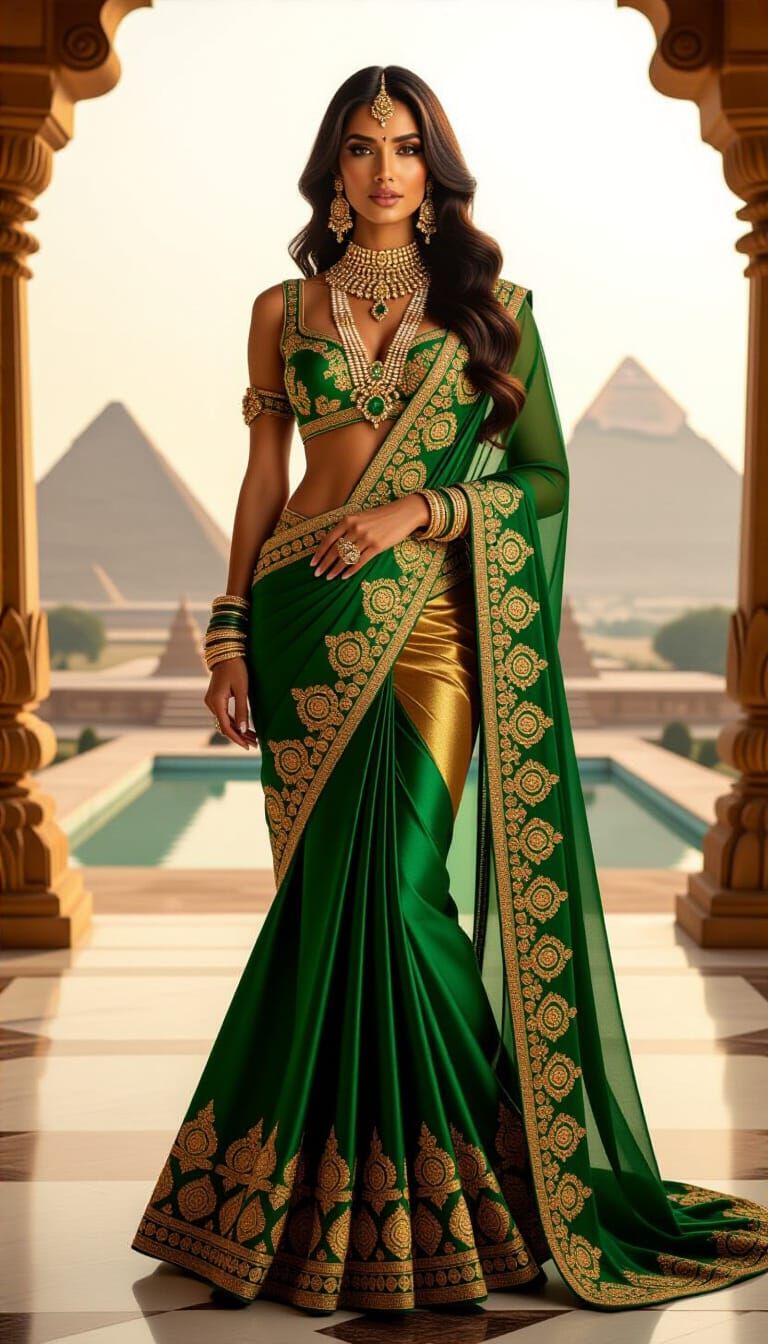 Goddess in Emerald and Gold Gown