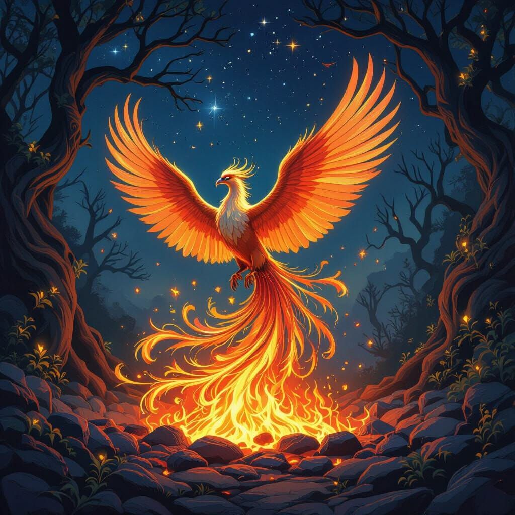 Majestic Phoenix Rises from Embers in Mystical Forest