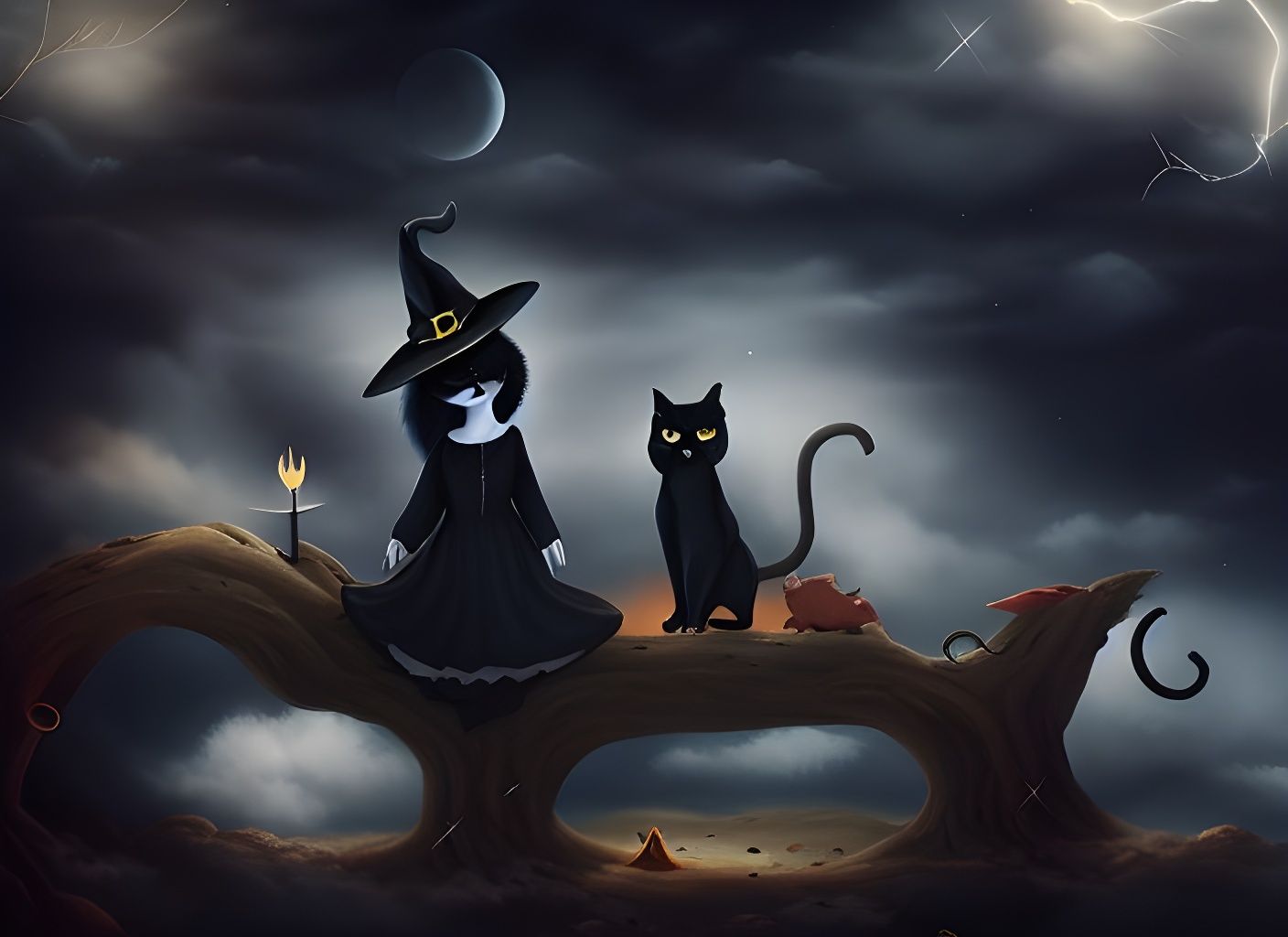 Mystical Sky Witch and Cat, Ominous Digital Painting