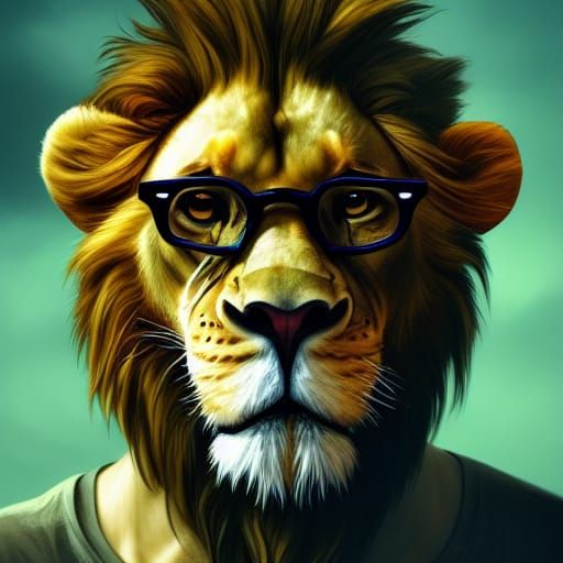 Hiphop Lion Portrait with Green Eyeglasses