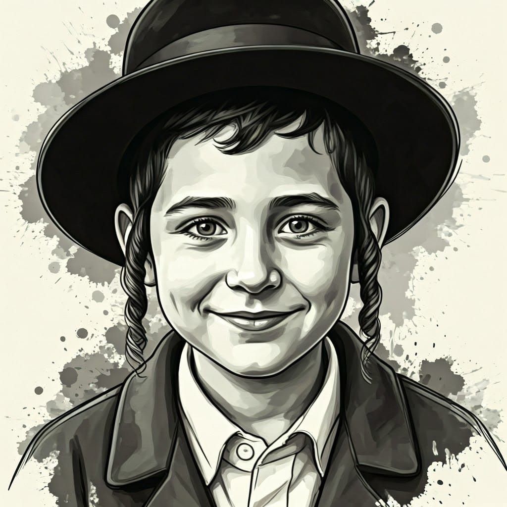 Charming Hasidic Boy Portrait in Mixed Media