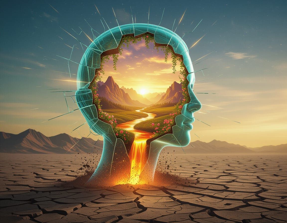 Glass Goddess Emerges from Cracked Earth, Golden World Withi...