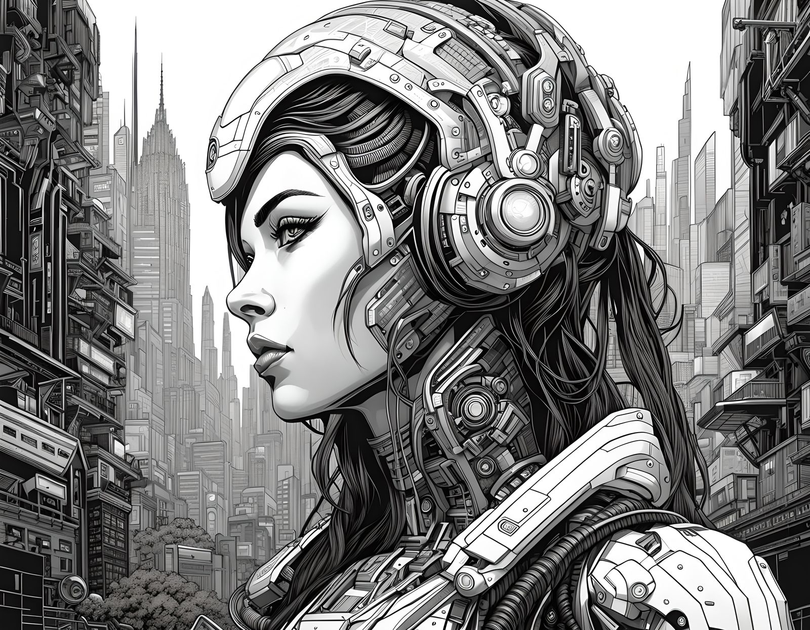 Cyborg Fugitive in Cyberpunk City: Line Art