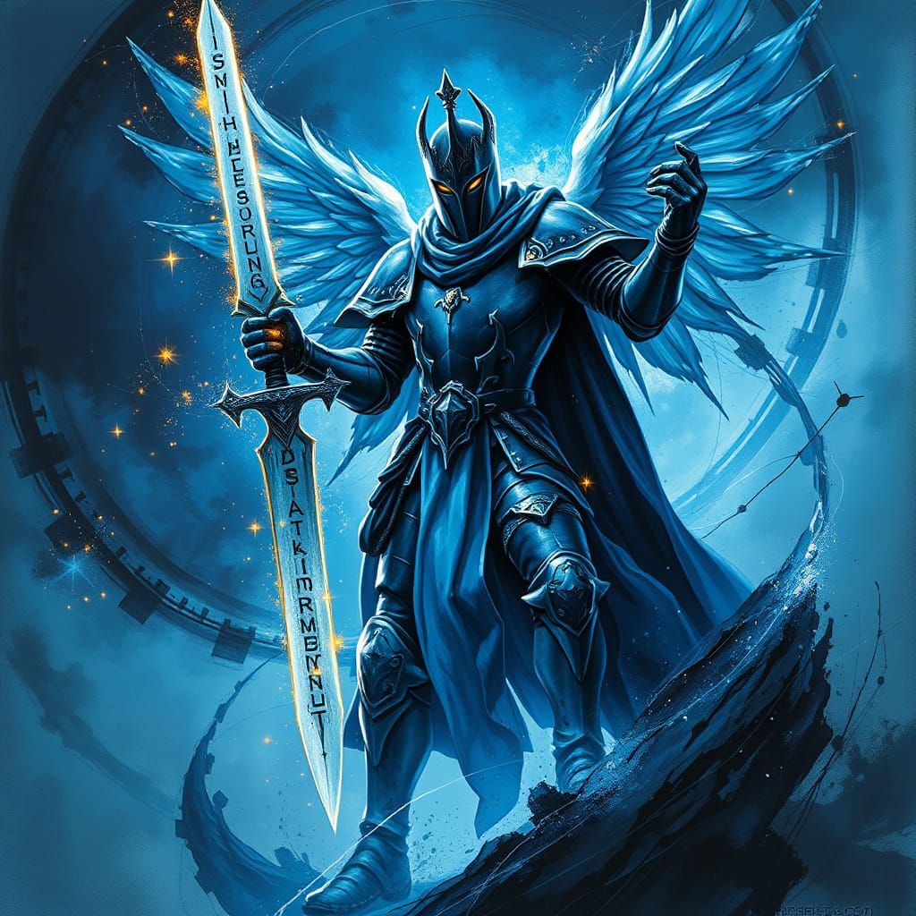 Celestial Knight in Ink Vortex, Dark Fantasy Art