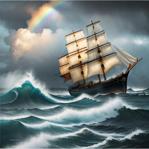 Stormy Seas: Sailing Boat Under Rainbow in Turner Style