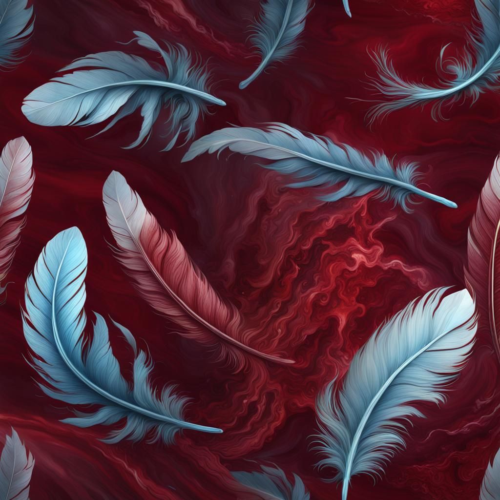 Wine Red and Blue Marble Feather Design