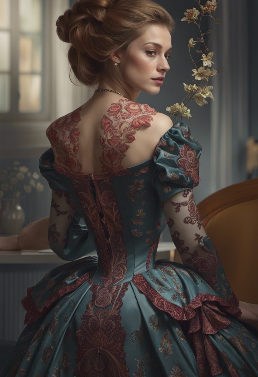 Woman Reading Book in Rosegold Dress: Digital Art