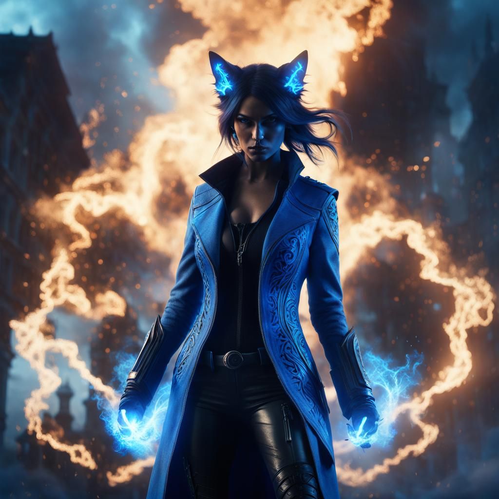 Electric Blue Assassin with Runes in Ethereal Smoke