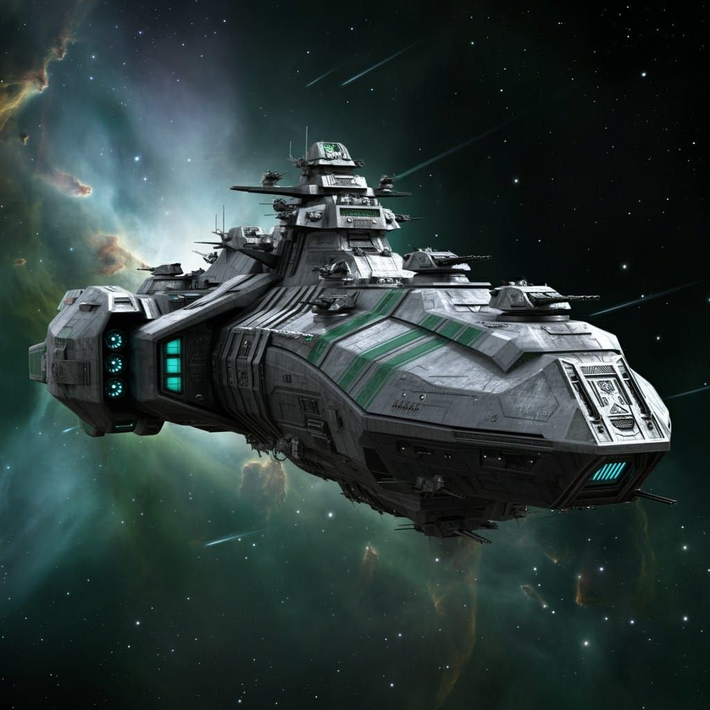 Heroic Silver Space Warship Against Nebula Backdrop