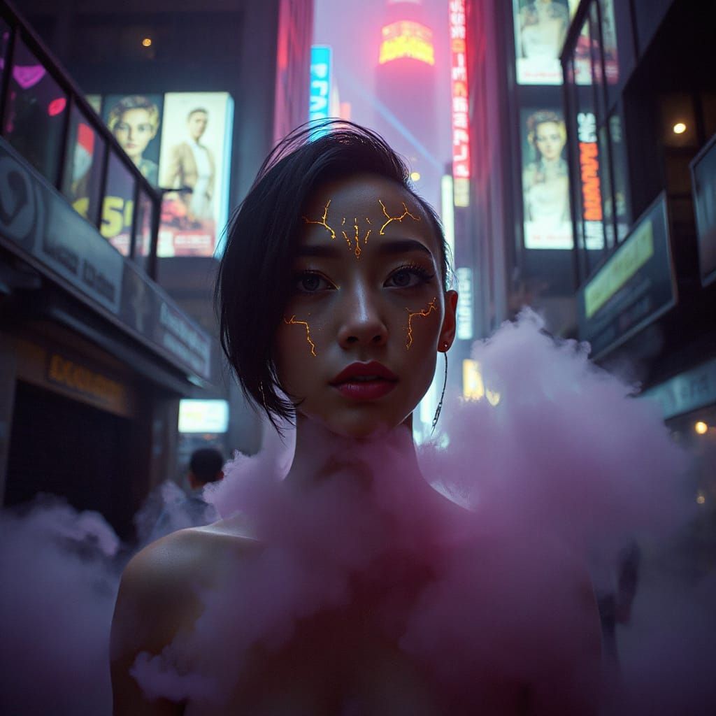 Cyberpunk Figure with Iridescent Glyphs in Dystopian City